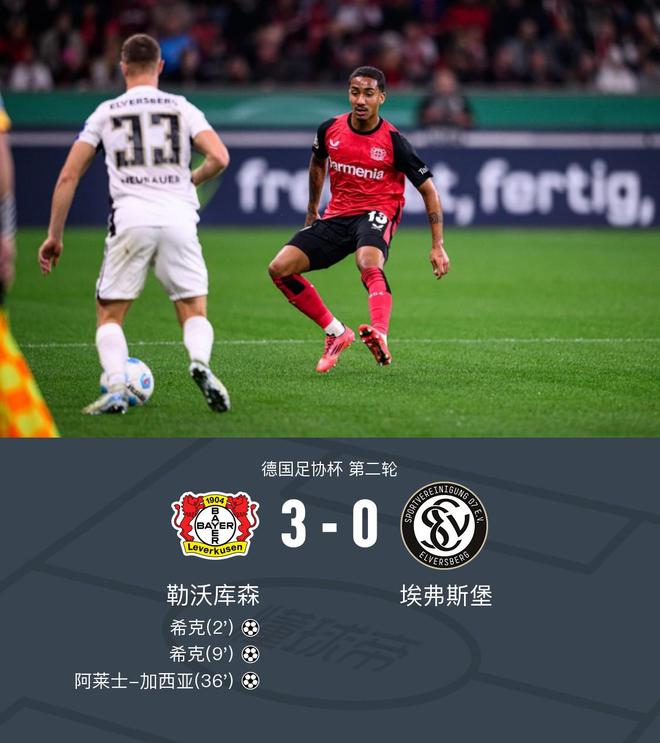  勒沃庫森3-0埃弗斯堡，希克雙響，加西亞世界波。